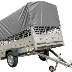 Grande remorque 230×125 avec bâche haute grise, ridelles grillagées et roue jockey – Garden Trailer 230 KIPP