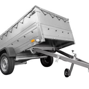 Grande remorque 230×125 avec bâche plate grise, rehausses de ridelles et roue jockey – Garden Trailer 230 KIPP