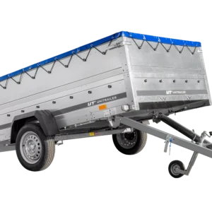 Remorque à essieu simple 264×150 UNITRAILER GARDEN 265 KIPP avec ridelles BIS, châssis H-0 et bâche bleue