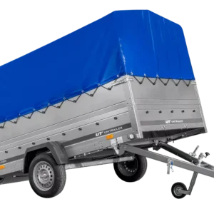 Remorque à un essieu 264×150 UNITRAILER GARDEN 265 KIPP avec ridelles BIS, arceau H-800 et bâche bleue