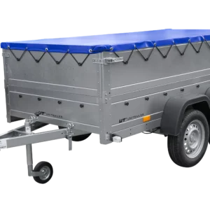Remorque double essieux Garden Trailer 264/2 KIPP avec roue jockey, rehausses de ridelles et bâche plate bleue