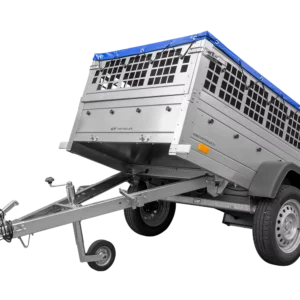 Remorque grillagée 200×106 avec bâche plate bleue, ridelles grillagées et roue jockey – Garden Trailer 200 KIPP