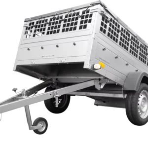 Remorque grillagée 200×125 avec bâche plate grise, tiges de support bâche, ridelles grillagées et roue jockey – Garden Trailer 201 KIPP