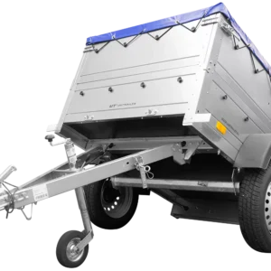 Remorque petite à vendre à benne basculante – Garden Trailer 150 KIPP [avec rehausses de ridelles et bâche plate bleue]