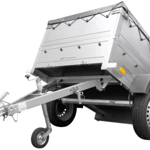 Remorque petite à vendre à benne basculante – Garden Trailer 150 KIPP [avec rehausses de ridelles et bâche plate grise]