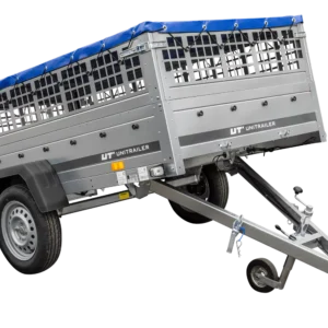 Remorque sans frein 230×125 avec bâche plate bleue, ridelles grillagées et roue jockey – Garden Trailer 230 KIPP