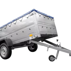Remorque simple essieu Unitrailer GARDEN TRAILER 264 KIPP avec rehausses de ridelles et bâche plate bleue