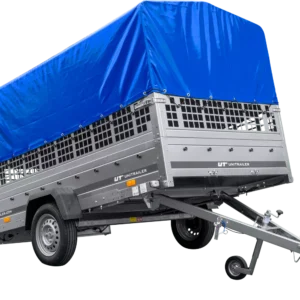 Remorque voiture 264×150 UNITRAILER GARDEN 265 KIPP avec ridelles grillagées, arceau H-800 et bâche bleue