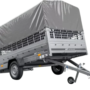 Remorque voiture 264×150 UNITRAILER GARDEN 265 KIPP avec ridelles grillagées, arceau H-800 et bâche grise