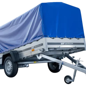 Remorque voiture longue GARDEN TRAILER 264 KIPP avec roue jockey et bâche bleue